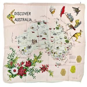 Vintage Discover Australia Souvenir Scarf Rayon Made in Japan Large 30" *READ*